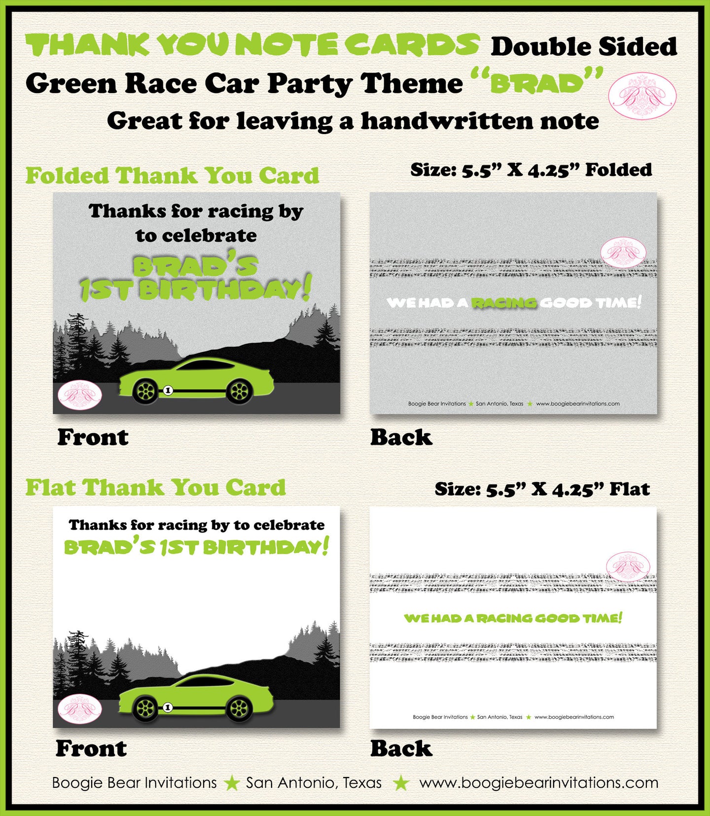 Green Race Car Birthday Party Thank You Card Note Circuit Course Sports Coupe Racing Lime Black Boogie Bear Invitations Brad Theme Printed