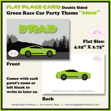 Load image into Gallery viewer, Green Race Car Birthday Party Favor Card Tent Appetizer Place Circuit Course Racing Lime Black Boogie Bear Invitations Brad Theme Printed