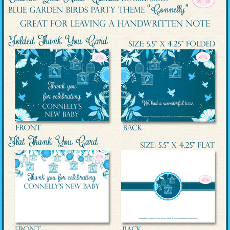 Bird Flower Garden Baby Shower Party Thank You Note Cards Blue Boy Birdcage Cage Spring Tweet Boogie Bear Invitations Connelly Theme Printed