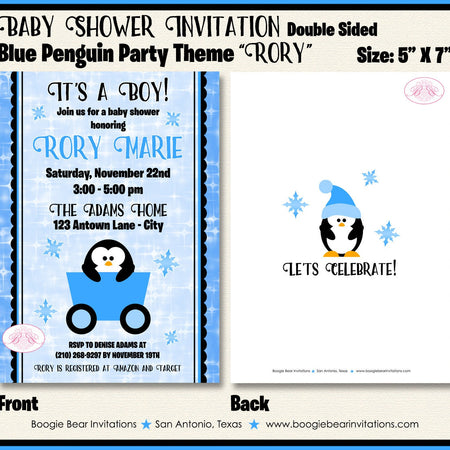 Blue Penguin Baby Shower Invitation Boy Winter Little Snowflake Star Snow Kid Boogie Bear Invitations Rory Theme Paperless Printable Printed