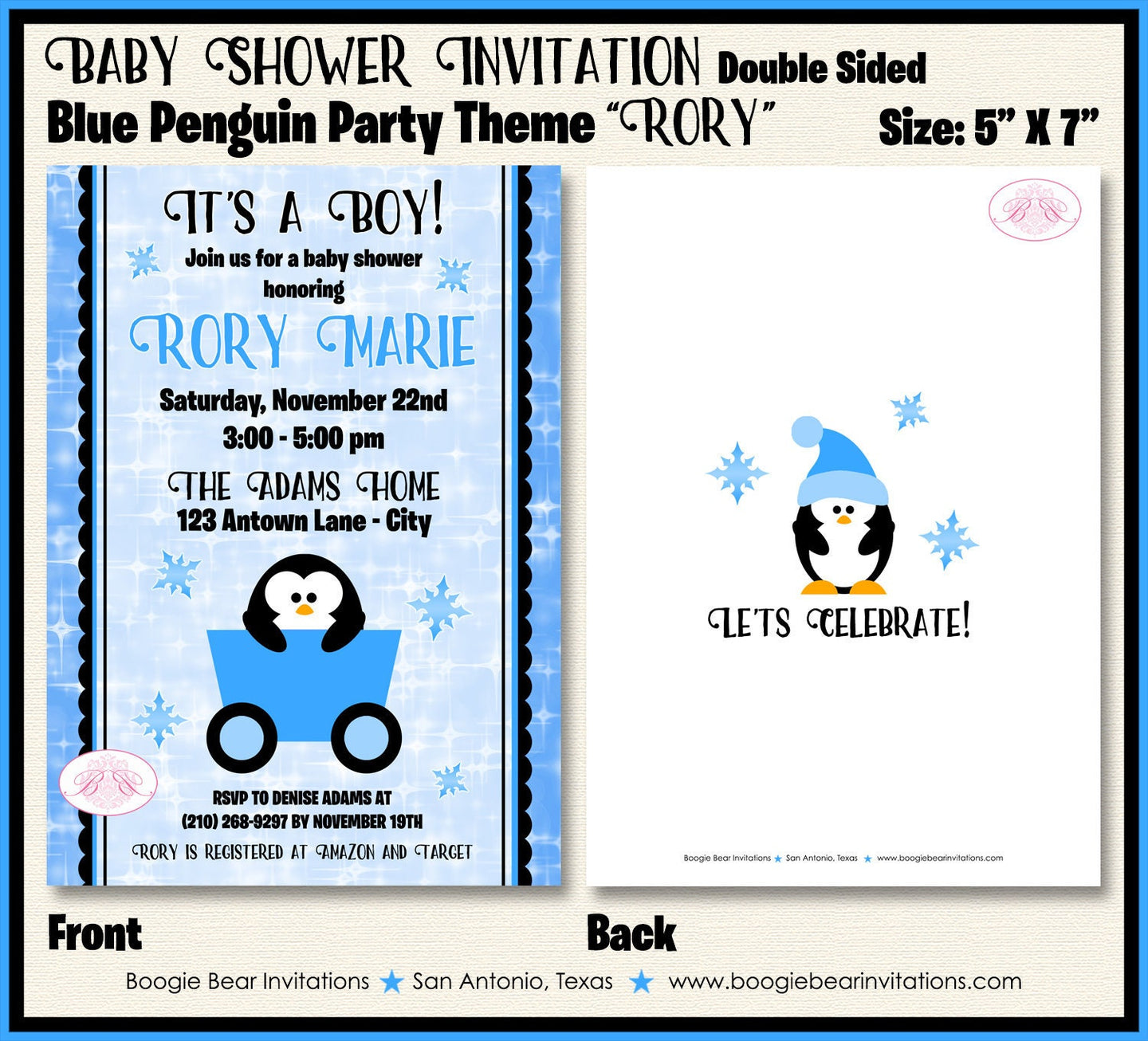 Blue Penguin Baby Shower Invitation Boy Winter Little Snowflake Star Snow Kid Boogie Bear Invitations Rory Theme Paperless Printable Printed