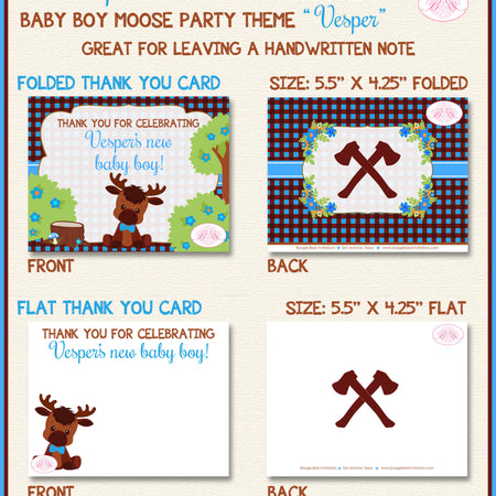 Little Moose Baby Shower Thank You Card Blue Boy Forest Woodland Animals Calf Party Plaid Axe Boogie Bear Invitations Vesper Theme Printed