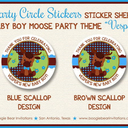 Little Moose Birthday Party Stickers Circle Sheet Round Blue Boy Forest Woodland Animals Calf Plaid Kid Boogie Bear Invitations Vesper Theme
