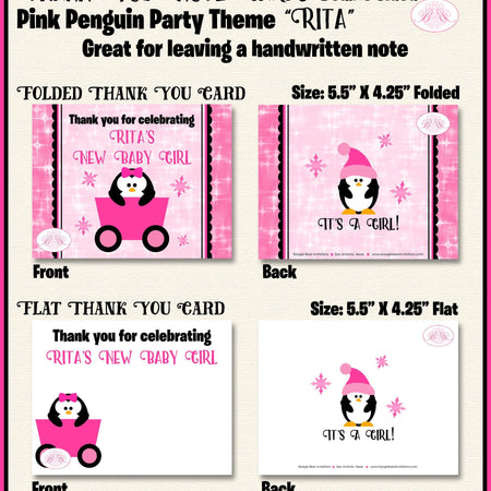 Pink Penguin Baby Shower Party Thank You Cards Girl Winter Little Snowflake Star Snow Christmas Boogie Bear Invitations Rita Theme Printed