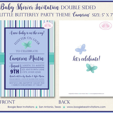 Butterfly Gender Neutral Baby Shower Invitation Reveal Green Blue Boy Girl Boogie Bear Invitations Cameron Theme Paperless Printable Printed