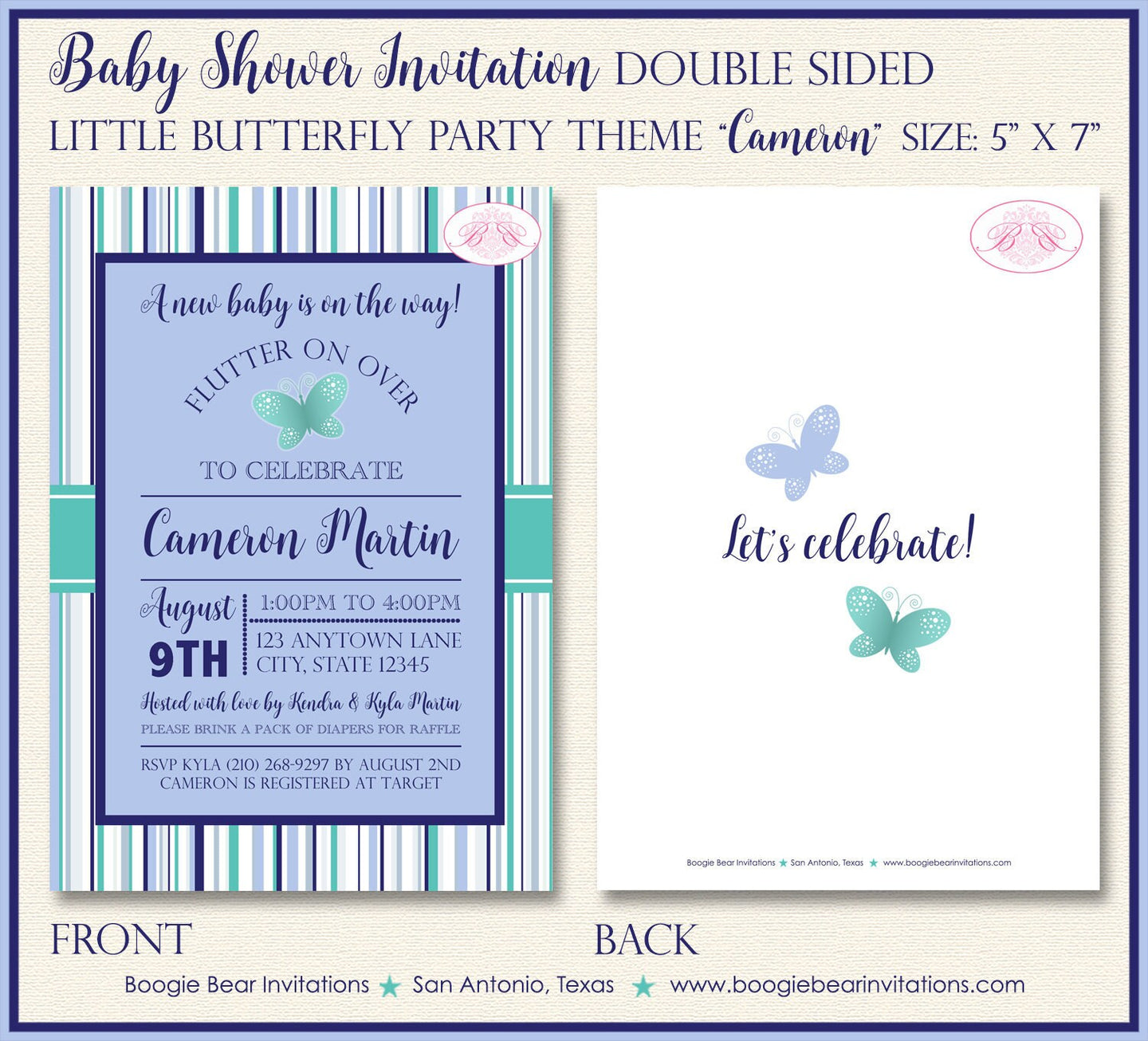 Butterfly Gender Neutral Baby Shower Invitation Reveal Green Blue Boy Girl Boogie Bear Invitations Cameron Theme Paperless Printable Printed