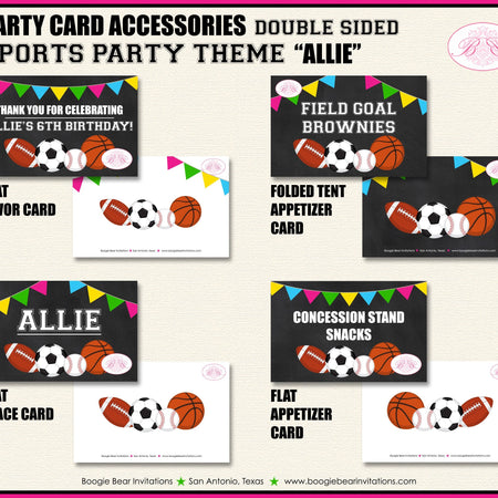 Sports Birthday Party Favor Card Appetizer Food Place Sign Label Girl Chalkboard Pink Ball Play Baseball Boogie Bear Invitations Allie Theme