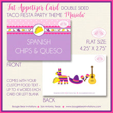 Load image into Gallery viewer, Fiesta Taco Birthday Party Favor Card Appetizer Food Place Sign Label Girl Pink Purple Cinco De Mayo Boogie Bear Invitations Mariela Theme