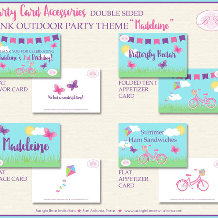 Pink Butterfly Birthday Favor Party Card Tent Place Food Appetizer Folded Flat Girl Purple Outdoor Boogie Bear Invitations Madeleine Theme