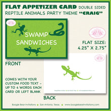 Load image into Gallery viewer, Reptile Birthday Party Favor Card Tent Place Food Appetizer Folded Flat Snake Frog Lizard Jungle Zoo Boy Boogie Bear Invitations Craig Theme
