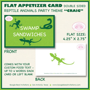 Reptile Birthday Party Favor Card Tent Place Food Appetizer Folded Flat Snake Frog Lizard Jungle Zoo Boy Boogie Bear Invitations Craig Theme