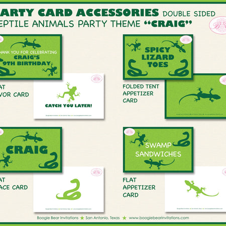 Reptile Birthday Party Favor Card Tent Place Food Appetizer Folded Flat Snake Frog Lizard Jungle Zoo Boy Boogie Bear Invitations Craig Theme