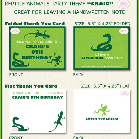 Reptile Birthday Party Thank You Card Note Snake Frog Toad Amazon Jungle Wild Rain Forest Green Boogie Bear Invitations Craig Theme Printed