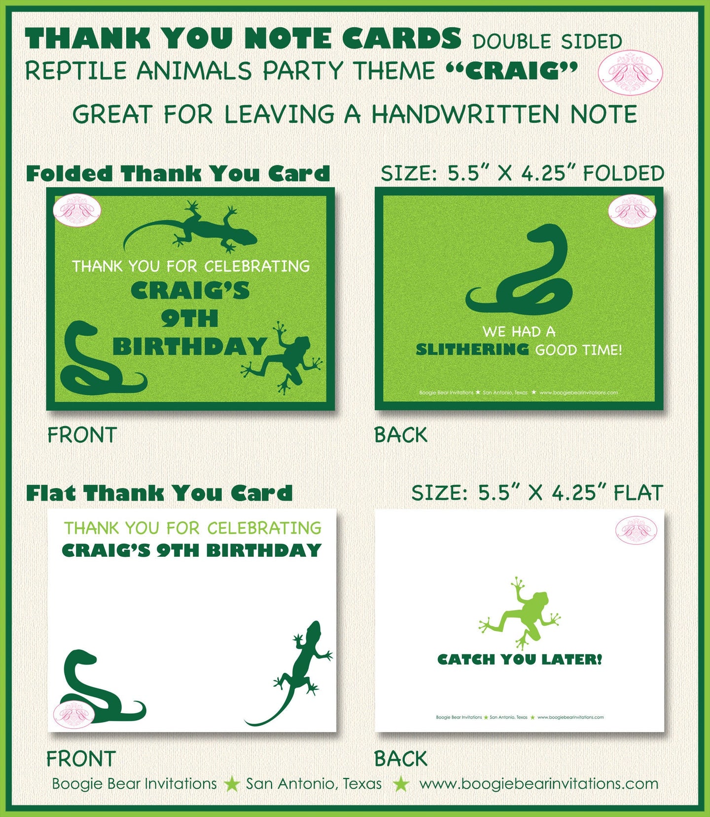 Reptile Birthday Party Thank You Card Note Snake Frog Toad Amazon Jungle Wild Rain Forest Green Boogie Bear Invitations Craig Theme Printed
