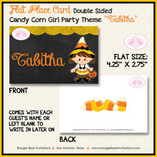 Load image into Gallery viewer, Candy Corn Girl Birthday Party Favor Card Tent Place Appetizer Food Tag Sign Black Orange Yellow Sweet Boogie Bear Invitations Tabitha Theme