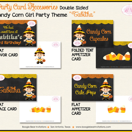 Candy Corn Girl Birthday Party Favor Card Tent Place Appetizer Food Tag Sign Black Orange Yellow Sweet Boogie Bear Invitations Tabitha Theme