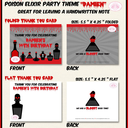 Poison Elixir Party Thank You Card Note Birthday Red Black Halloween Cocktail Spell Boogie Bear Invitations Damien Theme Printed