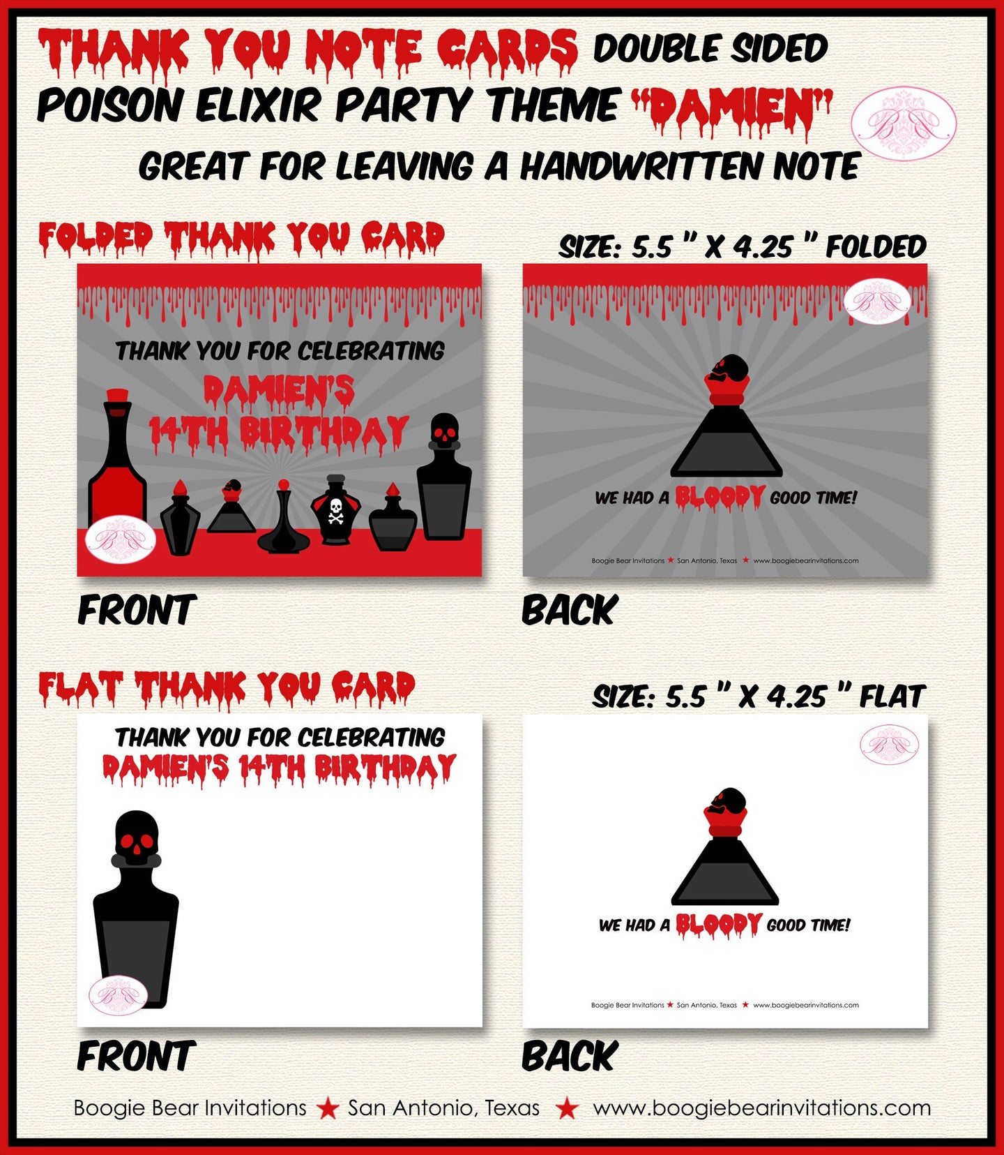 Poison Elixir Party Thank You Card Note Birthday Red Black Halloween Cocktail Spell Boogie Bear Invitations Damien Theme Printed