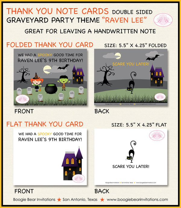 Graveyard Party Thank You Card Birthday Halloween Boy Girl Cemetery Black Cat Haunted House Boogie Bear Invitations Raven Lee Theme Printed