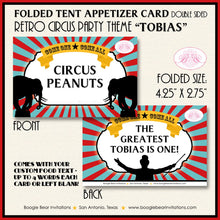 Load image into Gallery viewer, Circus Showman Favor Party Card Place Tent Appetizer Tag Boy Girl Big Top Greatest Show On Earth 3 Ring Boogie Bear Invitations Tobias Theme