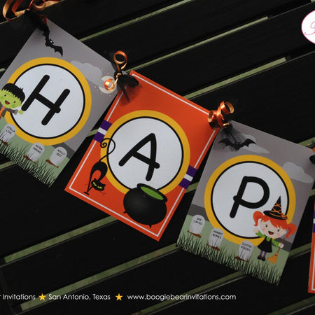 Happy Halloween Party Banner Graveyard Cemetery Birthday Black Cat Haunted House Boy Girl Spooky Bat Boogie Bear Invitations Raven Lee Theme
