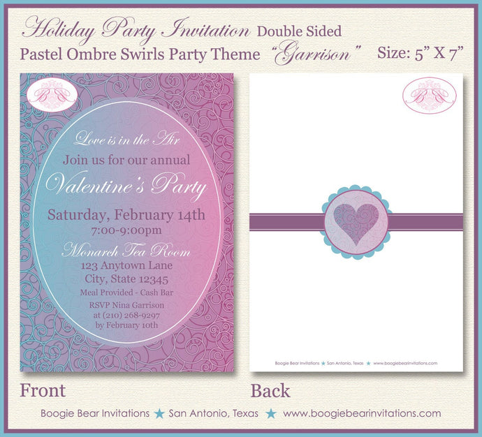 Valentine's Day Party Invitation Pink Blue Purple Pastel Ombre Love Swirl Boogie Bear Invitations Garrison Theme Paperless Printable Printed