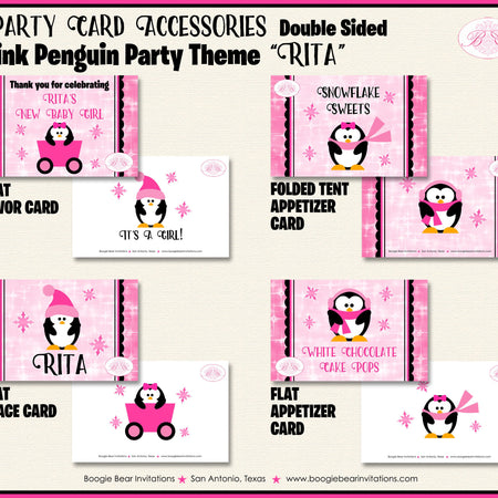 Pink Penguin Baby Shower Favor Card Tent Appetizer Food Girl Winter Little Snowflake Christmas Boogie Bear Invitations Rita Theme Printed