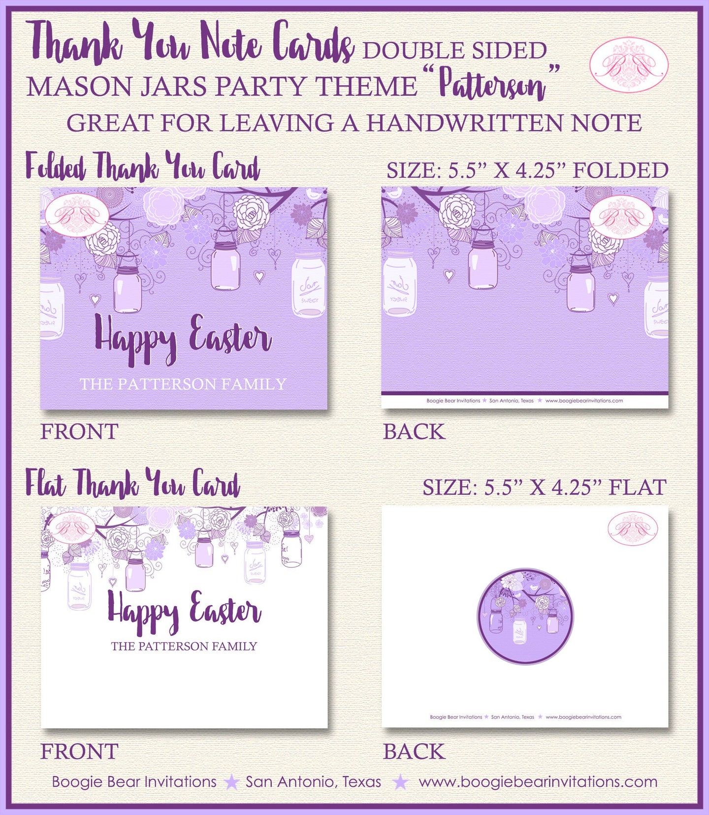 Purple Mason Jars Party Thank You Card Birthday Easter Whimsy Brunch Ladies Lavender Outdoor Boogie Bear Invitations Patterson Theme Printed