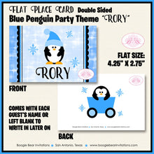 Load image into Gallery viewer, Blue Penguin Baby Shower Favor Card Tent Appetizer Food Boy Winter Little Snowflake Christmas Boogie Bear Invitations Rory Theme Printed