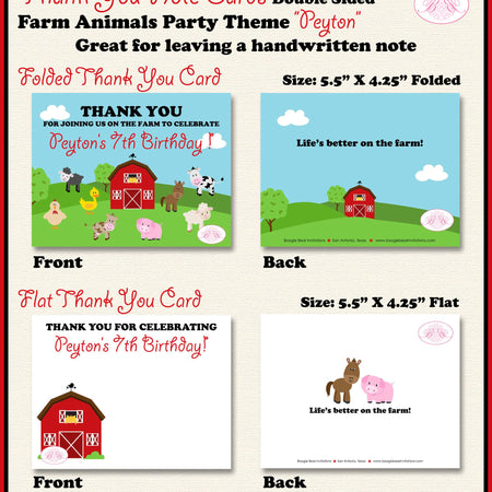 Farm Animals Party Thank You Card Birthday Girl Boy Red Barn Summer Country Ranch Petting Zoo Boogie Bear Invitations Peyton Theme Printed