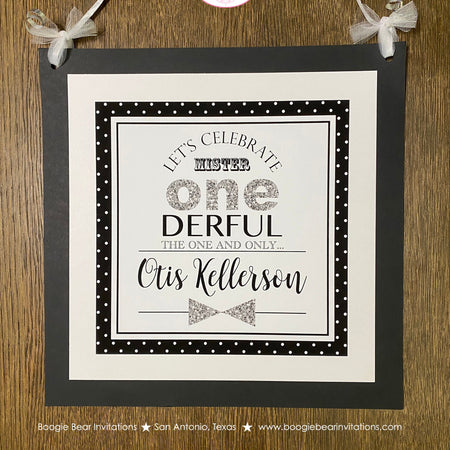 Mr. Wonderful Birthday Party Door Banner 1st ONE Onederful Little Man Bow Tie Black White Silver Elegant Boogie Bear Invitations Otis Theme