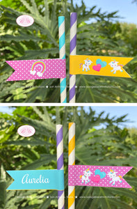 Rainbow Unicorn Birthday Party Straws Paper Pennant Birthday Girl Pink Yellow Blue Purple Magic Horse Boogie Bear Invitations Aurelia Theme
