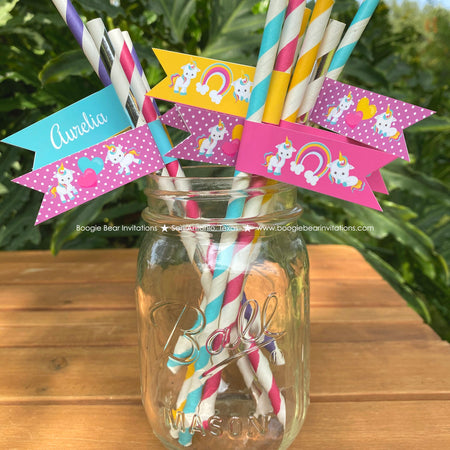 Rainbow Unicorn Birthday Party Straws Paper Pennant Birthday Girl Pink Yellow Blue Purple Magic Horse Boogie Bear Invitations Aurelia Theme