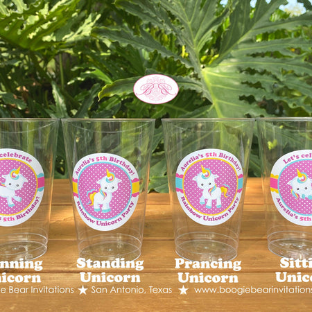 Rainbow Unicorn Party Beverage Cups Plastic Drink Birthday Girl Pink Yellow Blue Purple Magic Horse Boogie Bear Invitations Aurelia Theme