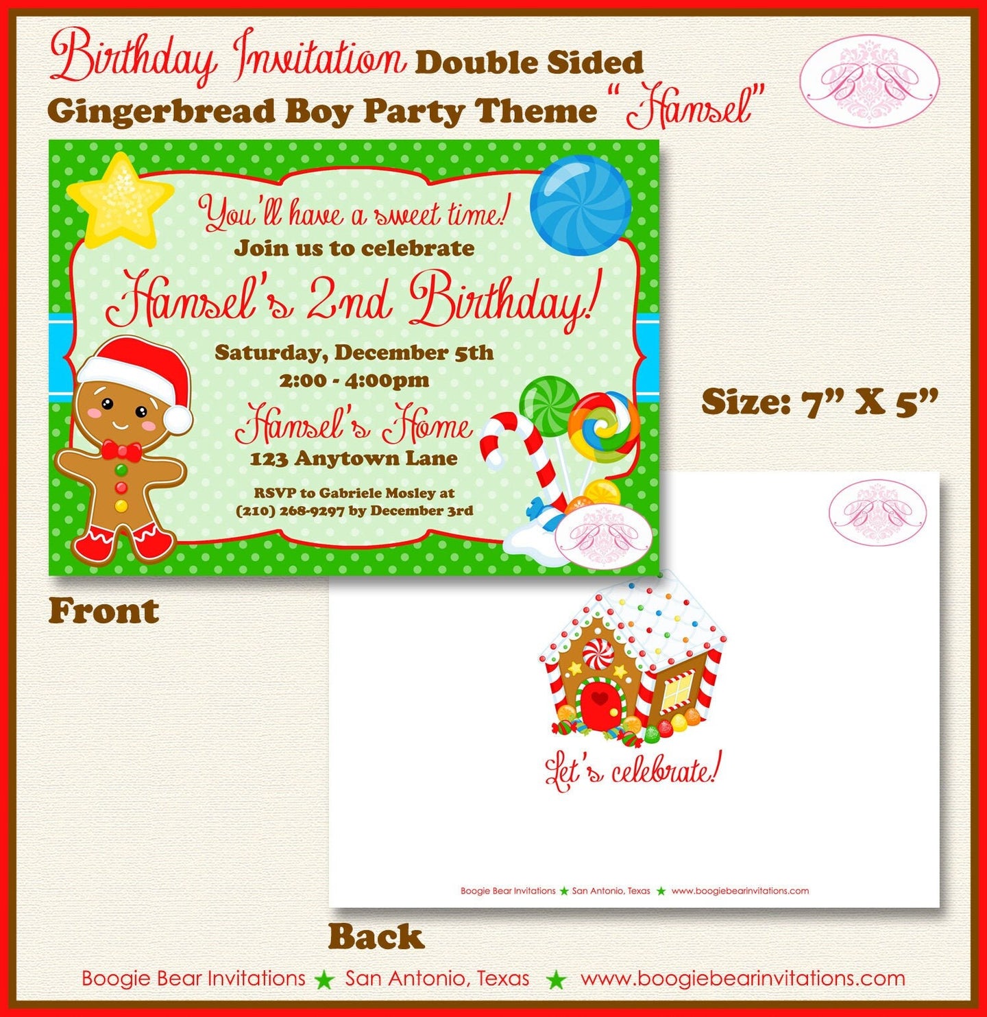 Gingerbread Boy Birthday Party Invitation Winter Christmas House Candy Boogie Bear Invitations Hansel Theme Paperless Printable Printed