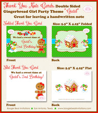 Load image into Gallery viewer, Gingerbread Girl Party Thank You Card Birthday Winter Christmas Candy House Snowflake Red Green Boogie Bear Invitations Gretel Theme Printed