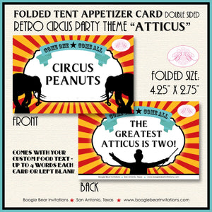 Circus Showman Favor Party Card Place Tent Appetizer Food Label Greatest Show On Earth Red Yellow Blue Boogie Bear Invitations Atticus Theme