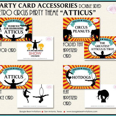 Circus Showman Favor Party Card Place Tent Appetizer Food Label Greatest Show On Earth Red Yellow Blue Boogie Bear Invitations Atticus Theme