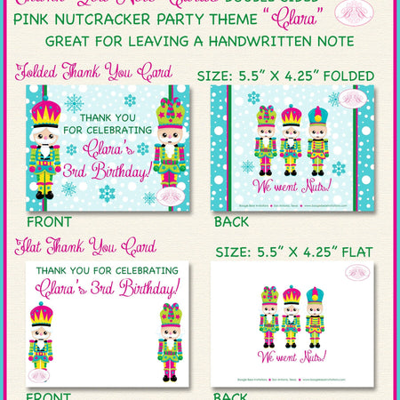 Pink Nutcracker Party Thank You Cards Birthday Winter Christmas Ballet Girl Blue Green Snowflake Boogie Bear Invitations Clara Theme Printed