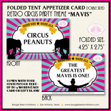 Load image into Gallery viewer, Circus Showman Favor Party Card Place Tent Pink Girl 3 Ring Big Top Greatest Show On Earth Yellow Blue Boogie Bear Invitations Mavis Theme