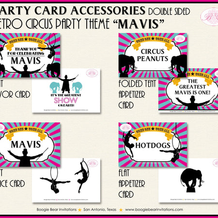 Circus Showman Favor Party Card Place Tent Pink Girl 3 Ring Big Top Greatest Show On Earth Yellow Blue Boogie Bear Invitations Mavis Theme