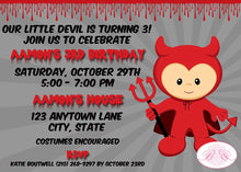 Load image into Gallery viewer, Little Red Devil Birthday Party Invitation Halloween Bloody Costume Boy Girl Boogie Bear Invitations Aamon Theme Paperless Printable Printed