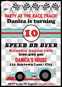 Race Car Birthday Party Invitation Red Black Aqua Boy Girl Checkered Flag Boogie Bear Invitations Danica Theme Paperless Printable Printed
