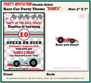 Race Car Birthday Party Invitation Red Black Aqua Boy Girl Checkered Flag Boogie Bear Invitations Danica Theme Paperless Printable Printed