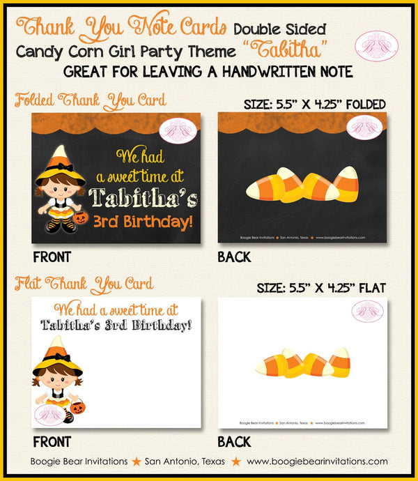 Candy Corn Girl Party Thank You Card Note Birthday Chalkboard Black Halloween Orange Yellow Boogie Bear Invitations Tabitha Theme Printed