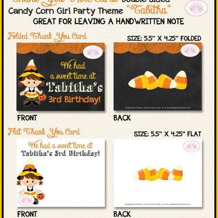 Candy Corn Girl Party Thank You Card Note Birthday Chalkboard Black Halloween Orange Yellow Boogie Bear Invitations Tabitha Theme Printed