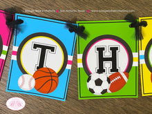 Load image into Gallery viewer, Sports Happy Birthday Party Banner Girl Pink Yellow Green Blue Baseball Soccer Basketball Football Game Boogie Bear Invitations Arlene Theme