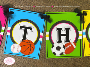 Sports Happy Birthday Party Banner Girl Pink Yellow Green Blue Baseball Soccer Basketball Football Game Boogie Bear Invitations Arlene Theme