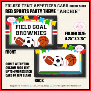 Sports Birthday Party Favor Card Appetizer Food Place Sign Label Girl Boy Chalkboard Baseball Red Ball Boogie Bear Invitations Archie Theme