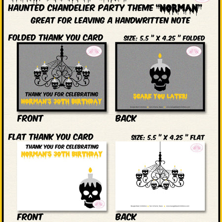 Haunted House Party Thank You Card Note Birthday Halloween Chandelier Black Skull Boy Mens Girl Boogie Bear Invitations Norman Theme Printed